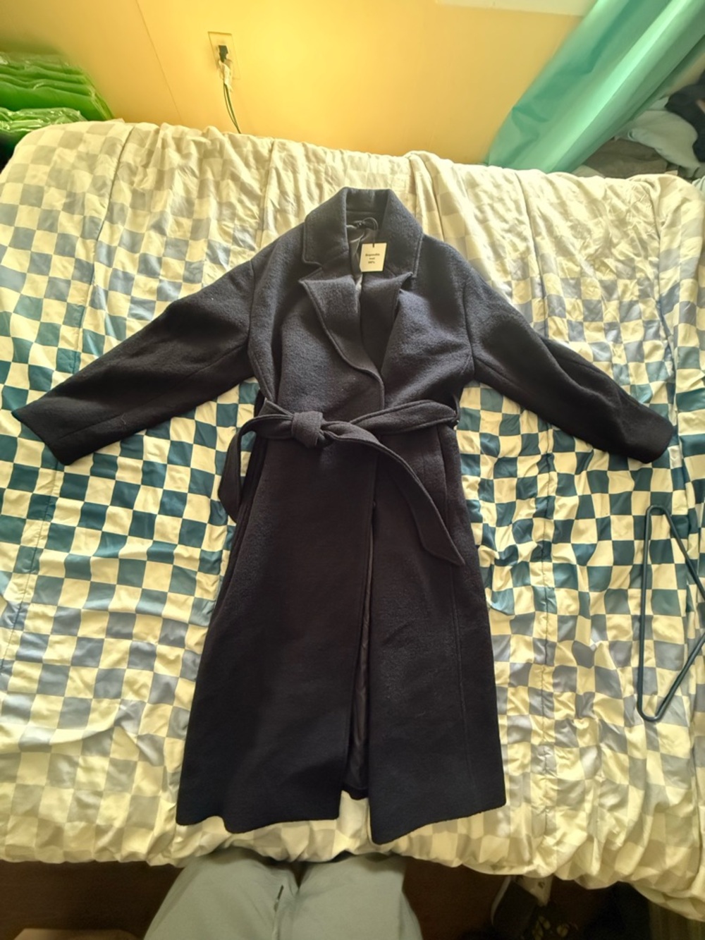Wool-Blend Belted Long Coat - Navy
